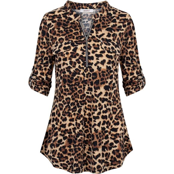Womens Leopard Print Floral 3/4 Sleeve Shirts Zip V Neck Work Chiffon Top - Picture 1 of 5